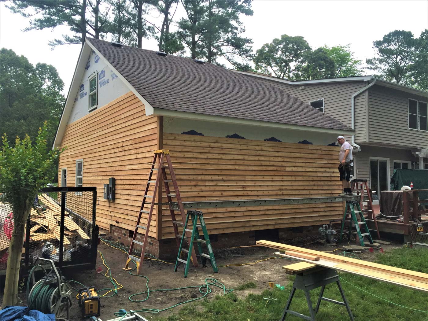 Custom Cedar Garage - 15'x36' attached garage/ bathroom during construction